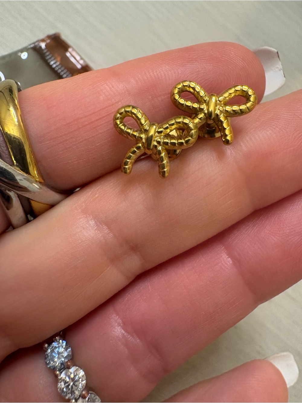 Gold Bow Stud Earrings - Tiny Textured Ribbon Style